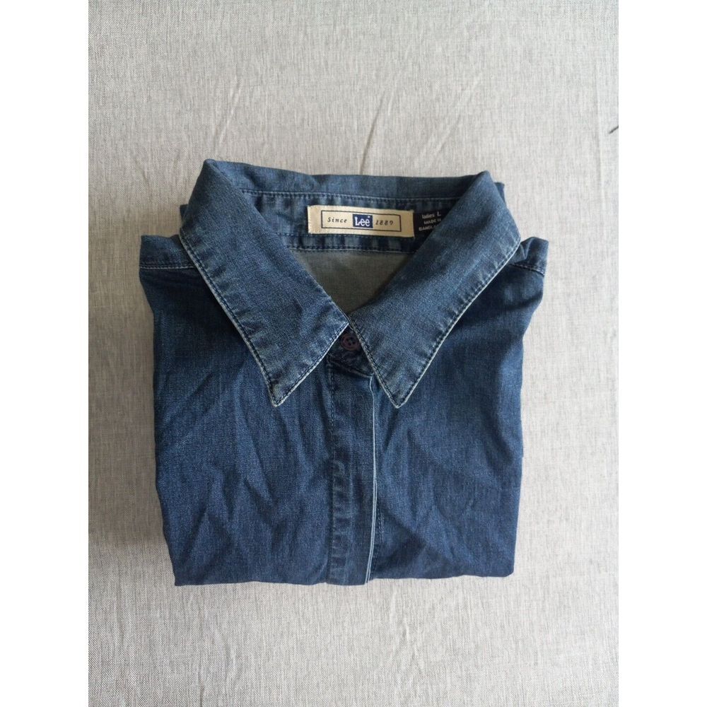 Lee Women's Large Stretch Cowboy Western Button-Up Chambray Blue Shirt - Picture 13 of 13